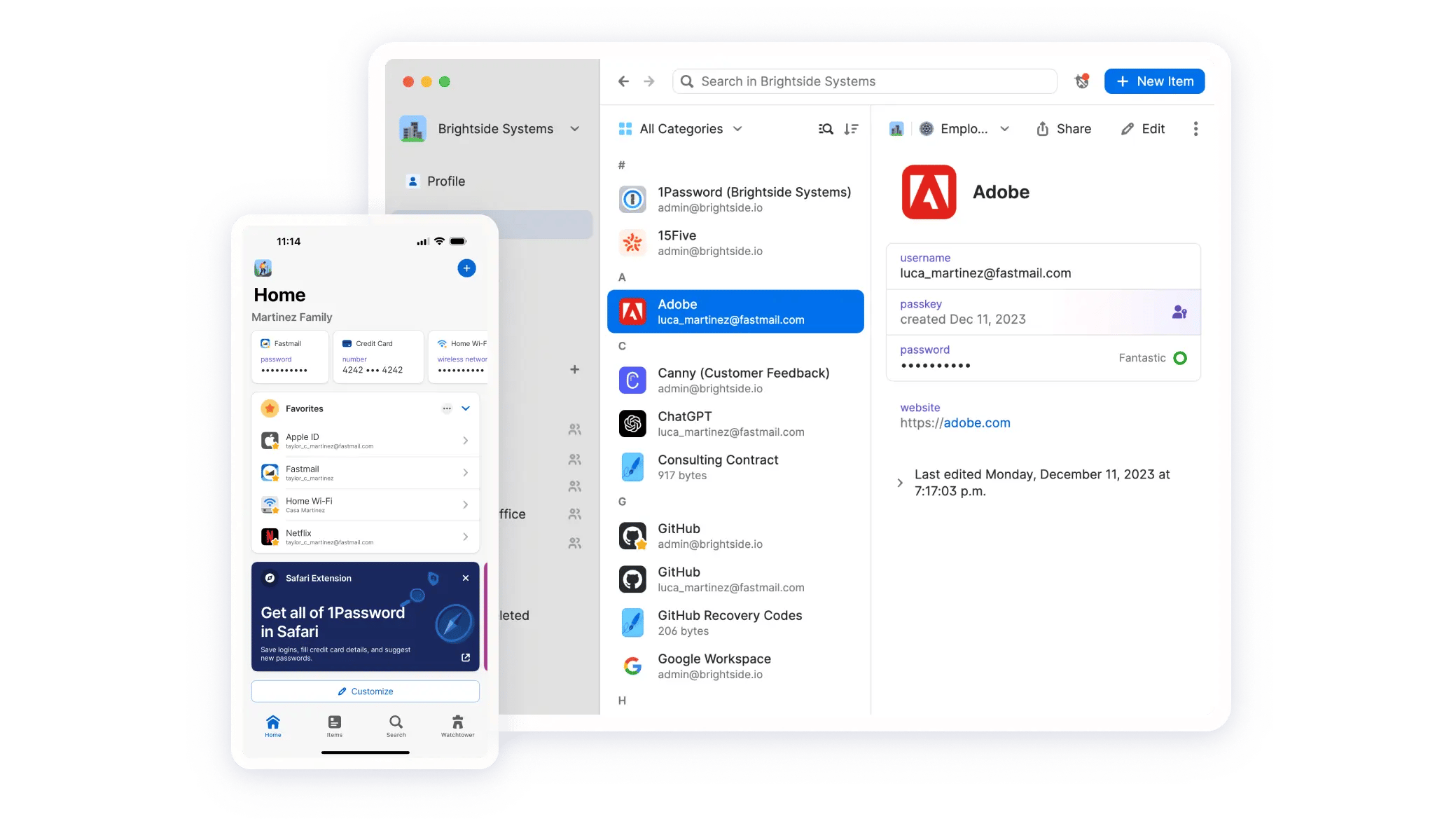 1Password desktop app showing vaults, items, and the side panel on macOS